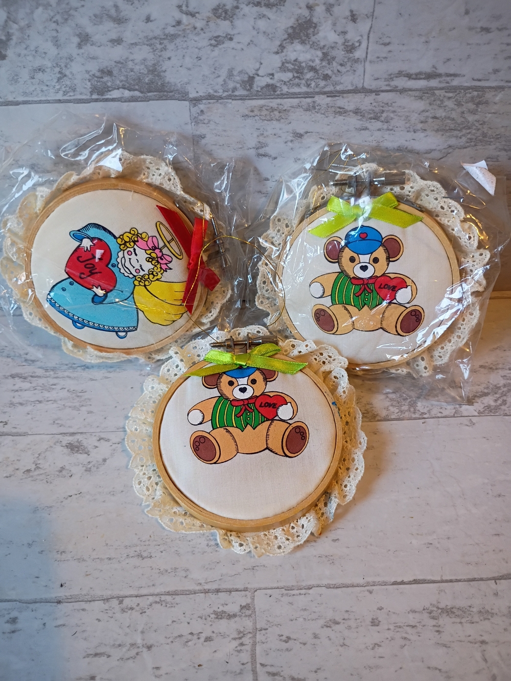 Vintage 1985 Heart Warmers Wood & Cloth Christmas Ornaments Lot of 3